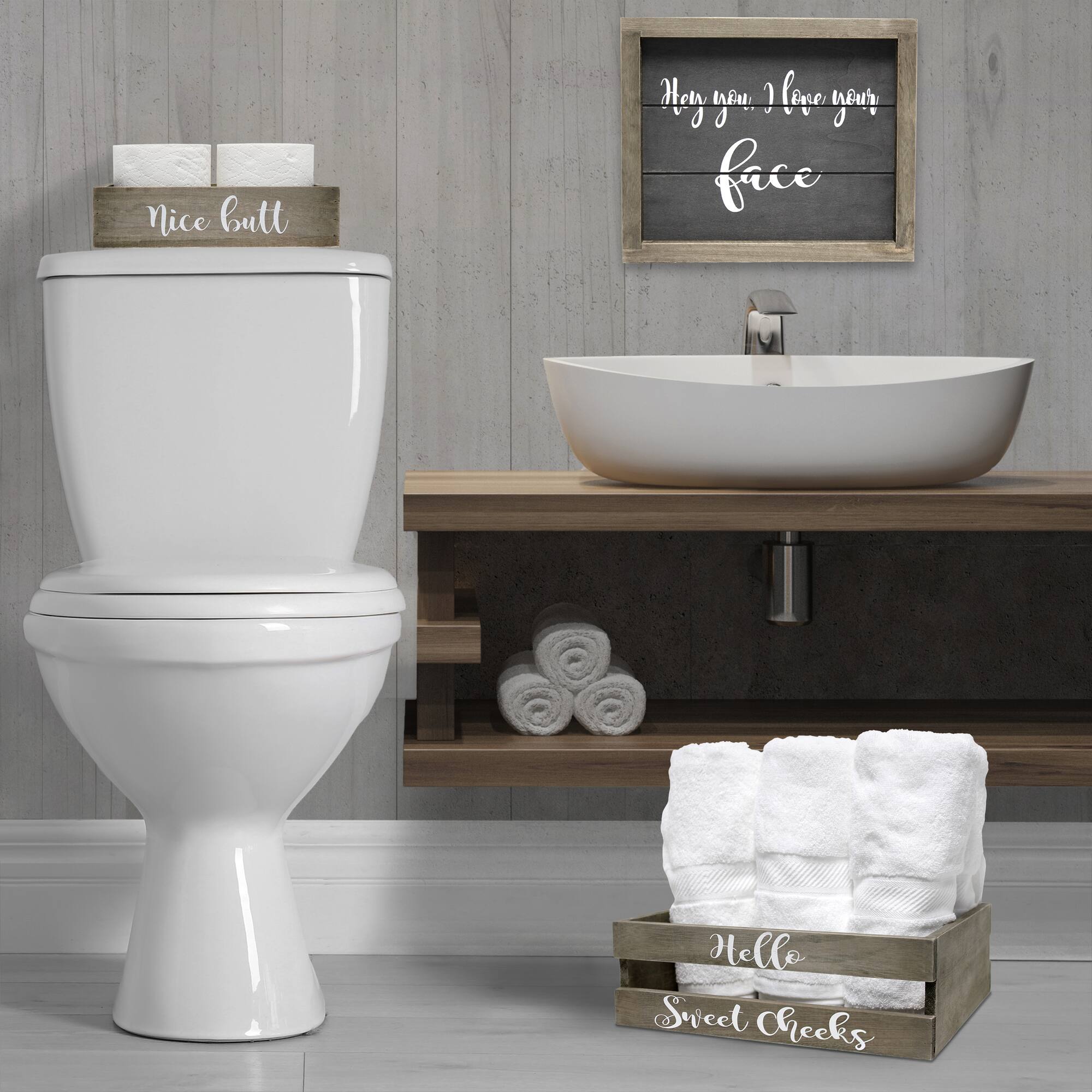 Elegant Designs Small Rustic Gray Cheeky Towel Holder, Frame & Toilet Paper Holder Set